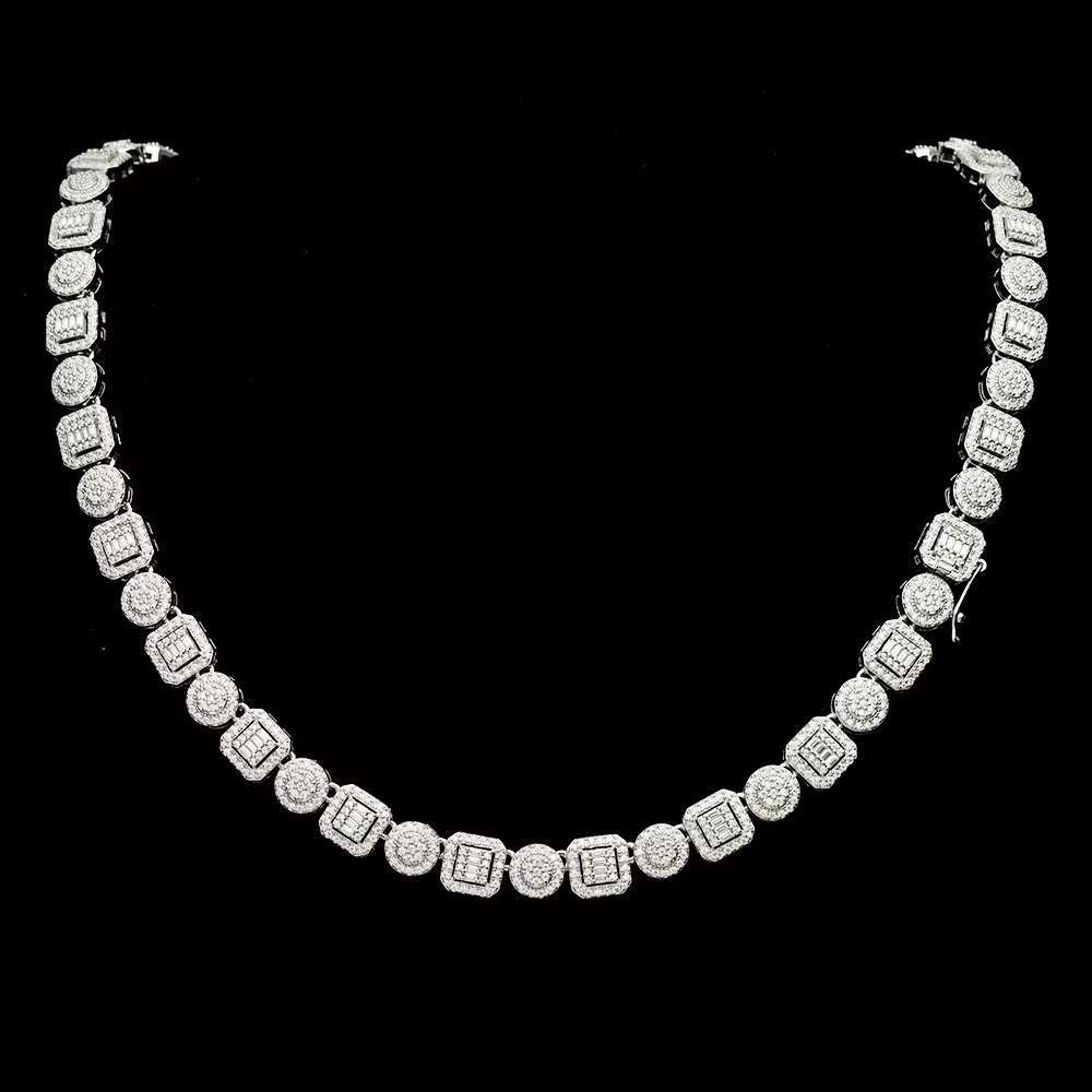 European and American Hip Hop Round Square Diamond Baguette Gold Plated Cz Zircon Cuban Link Chain S925 Silver Jewelry Necklace