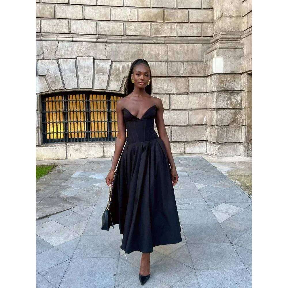 Suninheart Black Elegant Wedding Events Sexy Strapless Corset Dress Midi Christmas Party Dresses for Women Clothing