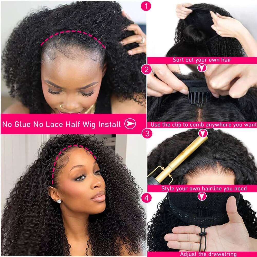 Kinky Glueless Human Hair Ready to Wear 3 IN 1 With Drawstring 250 Density Curly Half Wig