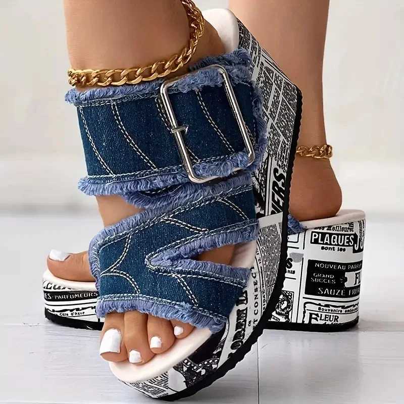 Women Denim Platform Slippers Women Casual Fashion Slippers Outdoor Wedge Sandals High Heels Shoes Summer Big Size Slides Women W250704