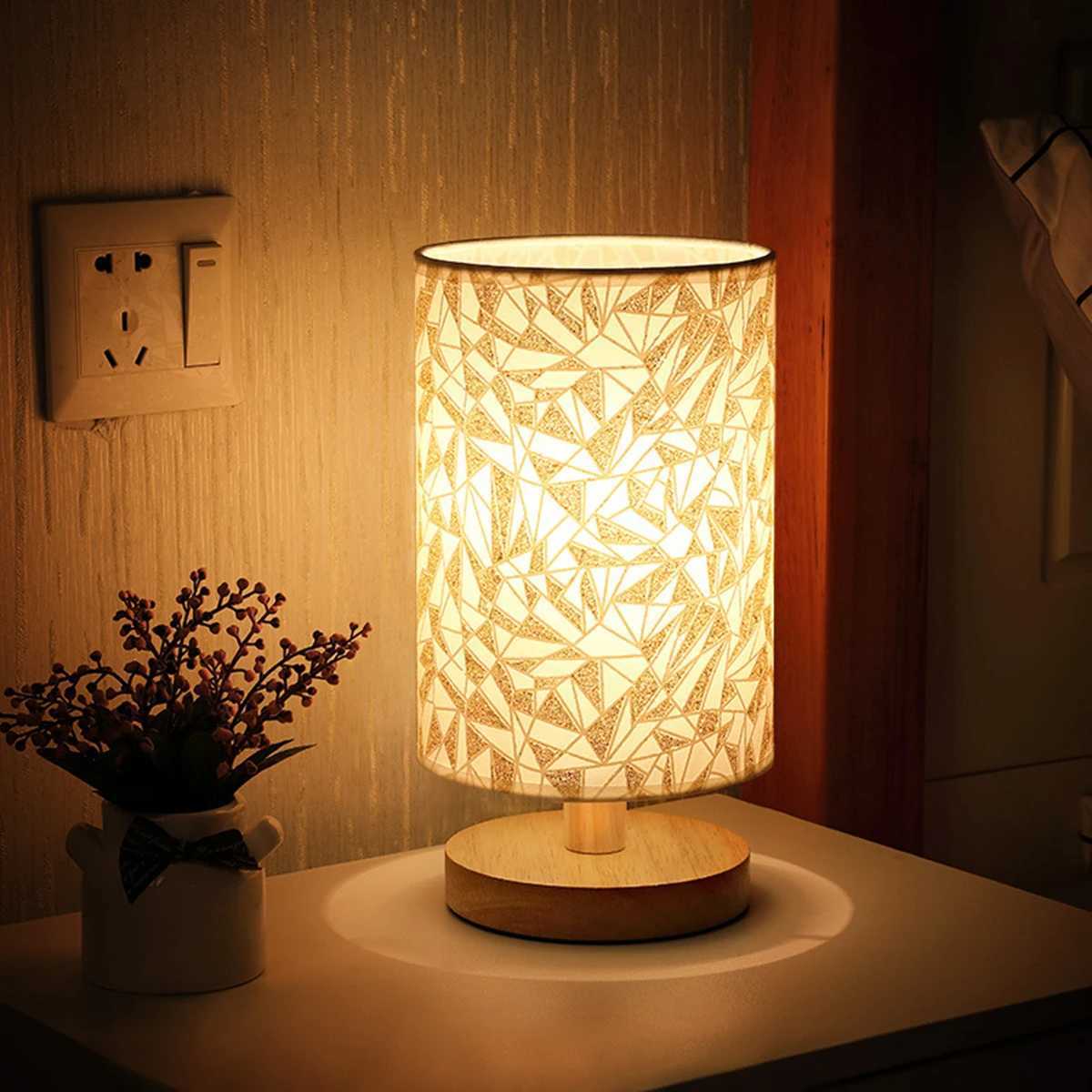 Bedside Lamp Night Lights USB Retro Nightstand Table Lamp Dimmable For Bedroom Wooden Desk Lamp with Fabric Shades Home DecorXJ250703