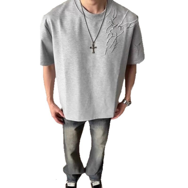 Thorn Embroidery Designer Short Sleeves Short Sleeve Men's Summer American High Street OOTD Half Sleeve Cleanfit Heavyweight Regular Shoulder T-s