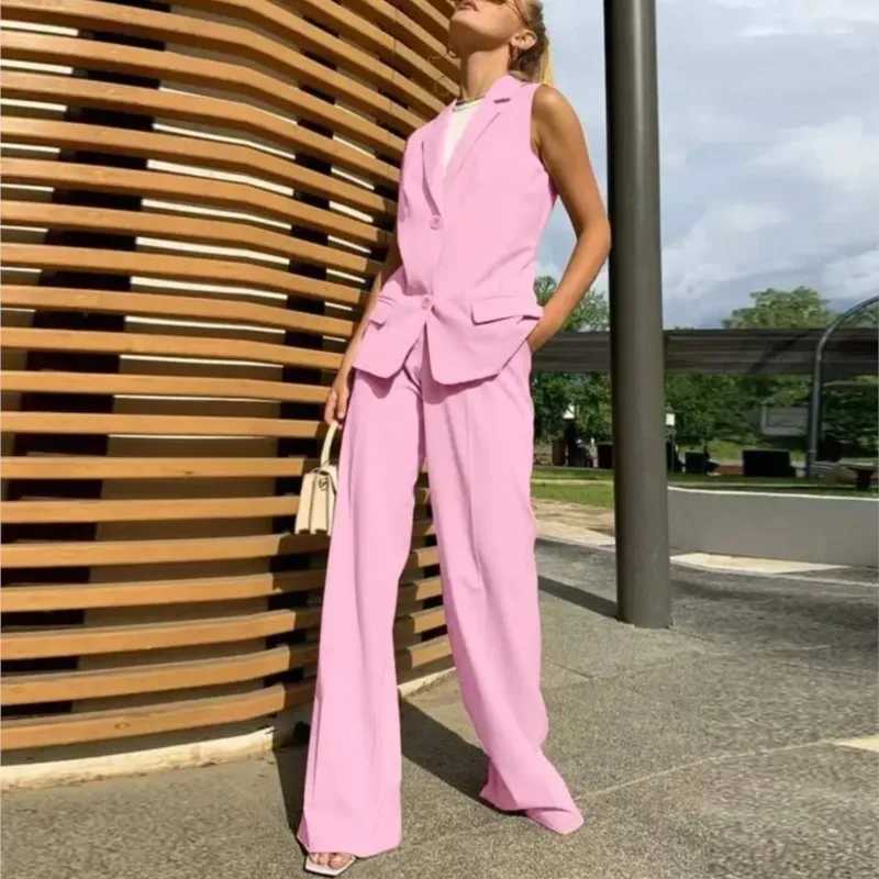 Womens Fashion Suit Two Piece Set Summer Notched Button Vest + Wide Leg Pants Set Elegant Office Business Casual Outfits X250704