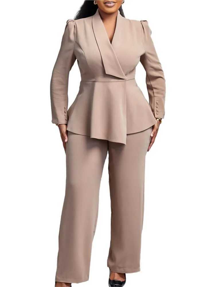 Women Two Pieces Set Elegant Long Slves Tops High Waist Pants Trousers Modest Peplum Office Ladies Work Wear Business Suit New X250704