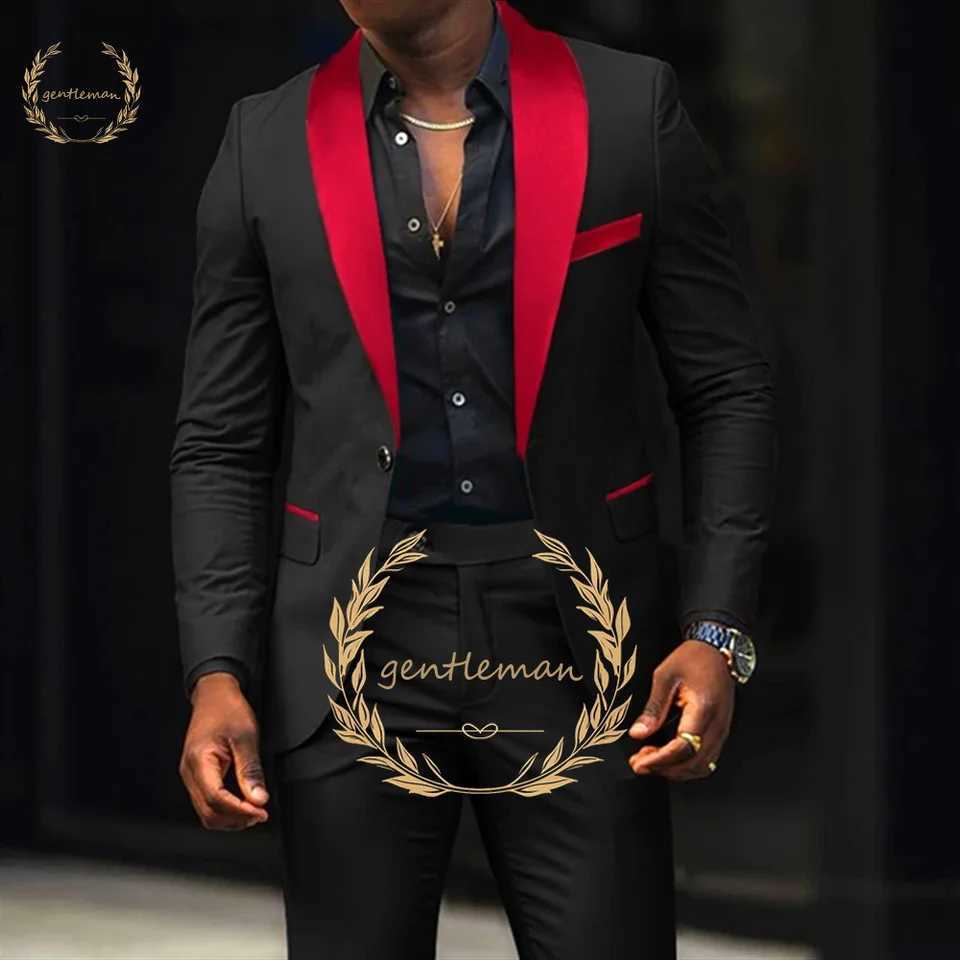 Mens black and red shawl one button suit mens elegant slim fashion suit custom party cocktail casual tuxedo X250704