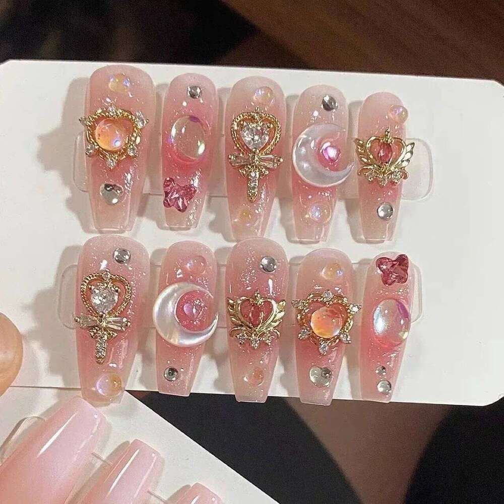 10Pcs Handmade Press on Long Ballet Blue Fake with 3D Ocean Moon Rhinestone Design False Nails Full Cover Nail Tips X250704