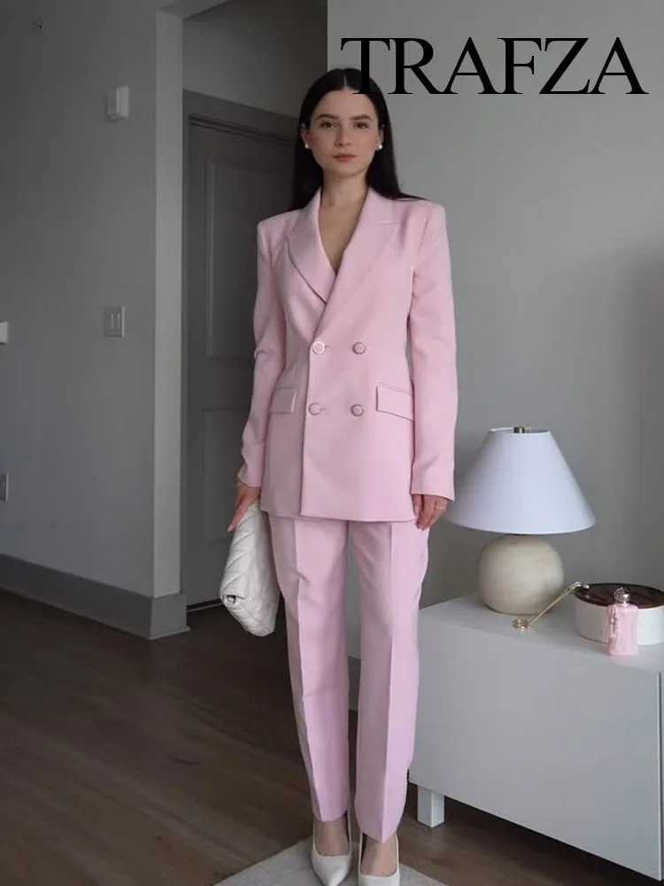 TRAFZA Women New Fashion Blazer Suit Lapel Double-Breasted Pocket Casual Coat+Chic High Waist Loose Zipper Slim Long Pants Suit X250704