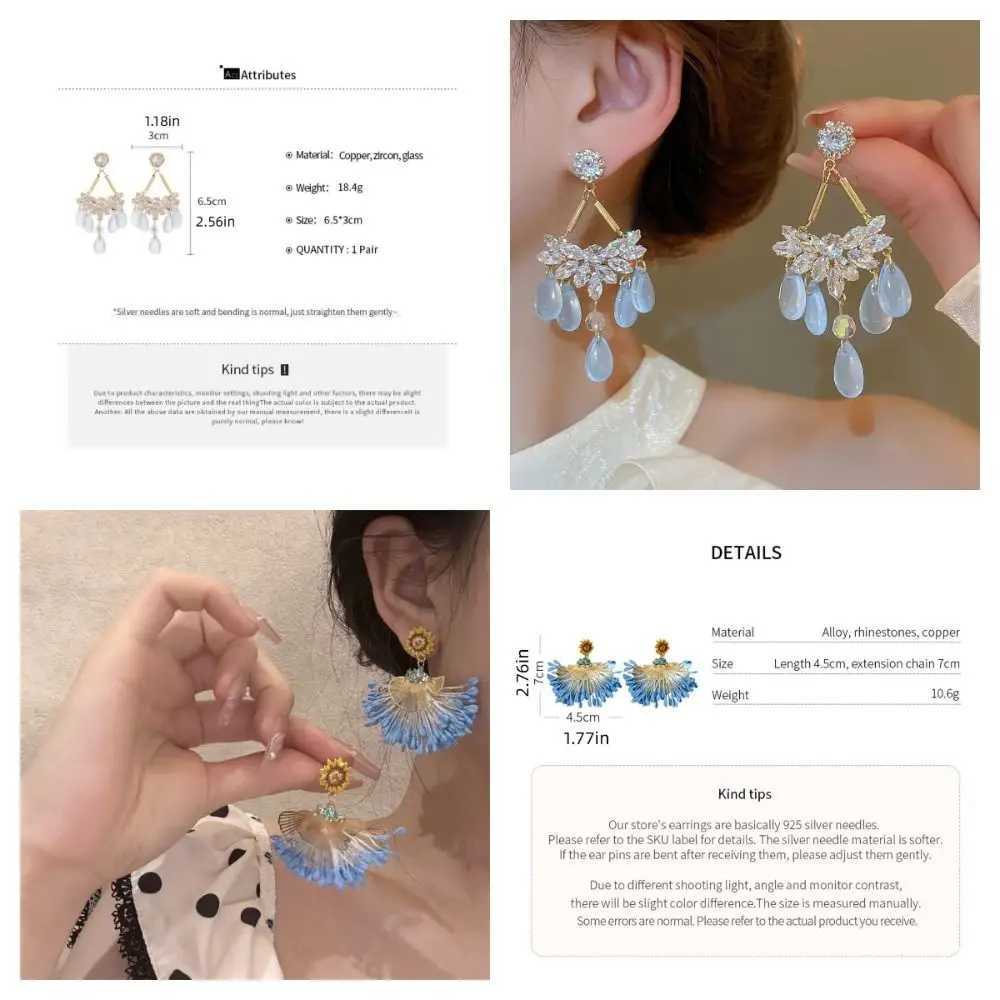 Sweet Fan Shape Drop Earrings Elegant Blue Bohemian Flower Tassel Earrings INS Korean Style Crystal Dangle Earrings Beach Y250704