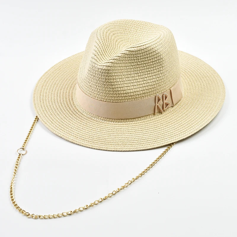 Fashionable Metal RB Letter Straw Hats for Women Men Summer Outdoor Holidays Beach Sun Hat Panama Hat 250703