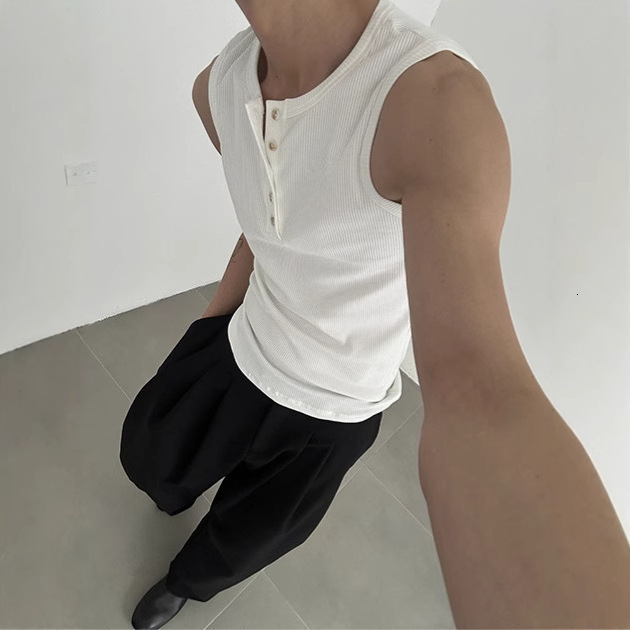 Designer Short Sleeves American Street Style High-end Henry Collar Sports Vest Summer Island Vacation Beach Style