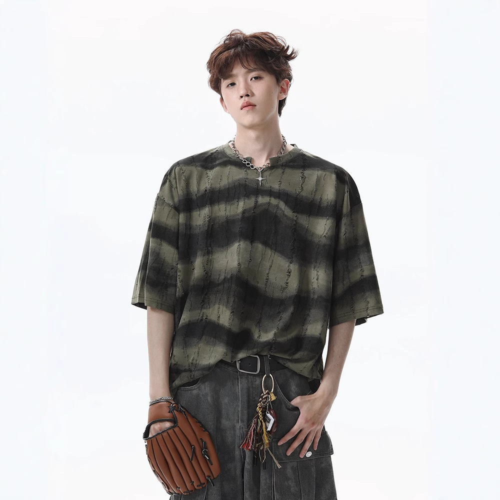 American Heavyweight Striped Short Sleeve T-shirt For Men 2025 New Summer Designer Short Sleeves Retro Trendy Brand Scratched Design Loose Half Sleeve