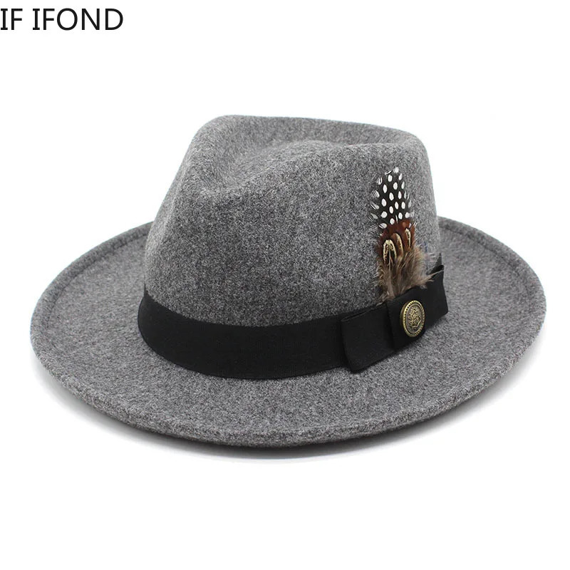 Feather band Wool Felt Fedora Hat Men Curved Brim Panama Party Trilby Cowboy Cap Gentleman Wedding Jazz Hat 250701