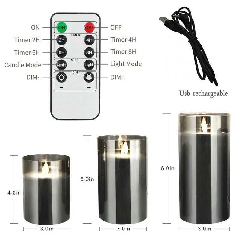 USB Rechargeable LED Flameless Pillar Candle Set Flickering Moving Wick Paraffin Real Wax Remote Controlled with Timer - Gray Glass W250704