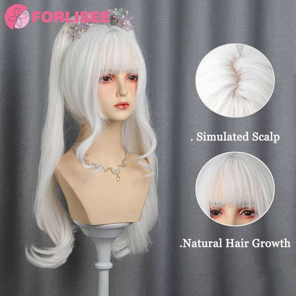 FORLI White Twin Ponytail Princess Cut Natural Short Synthetic Wigs With Bangs For Women Heat Resistant Cosplay Lolita Hair