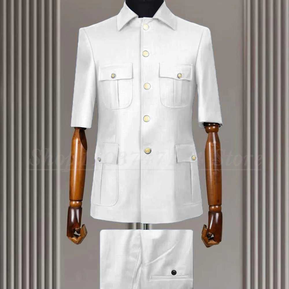 Summer Men Suits Blazer Elegant Short Sleeve Stand Lapel Single Breasted Slim Fit Formal Wedding Clothing 2-Piece Jacket Pants X250704