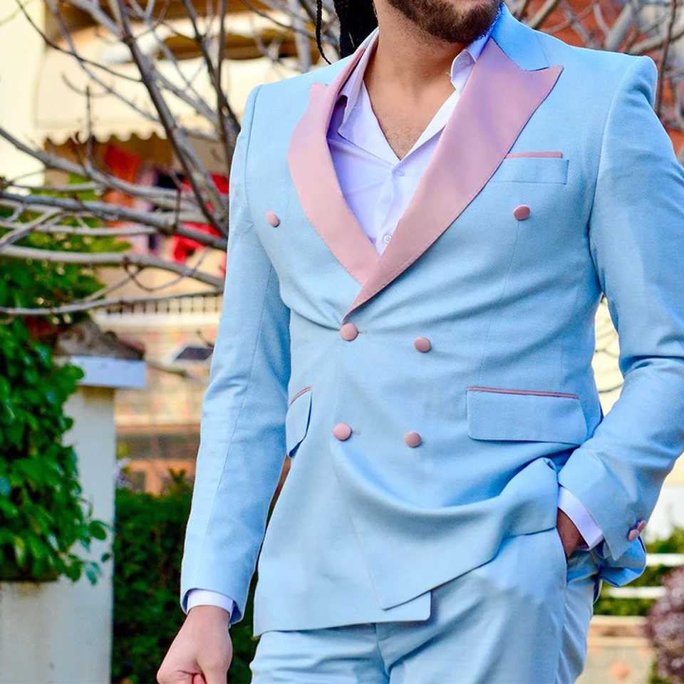 2-piece Mens Suit Pink Peak Lapel Double-breasted Tuxedo Sky Blue Fashionable Summer Wedding Party Graduation Dress Handmade X250704