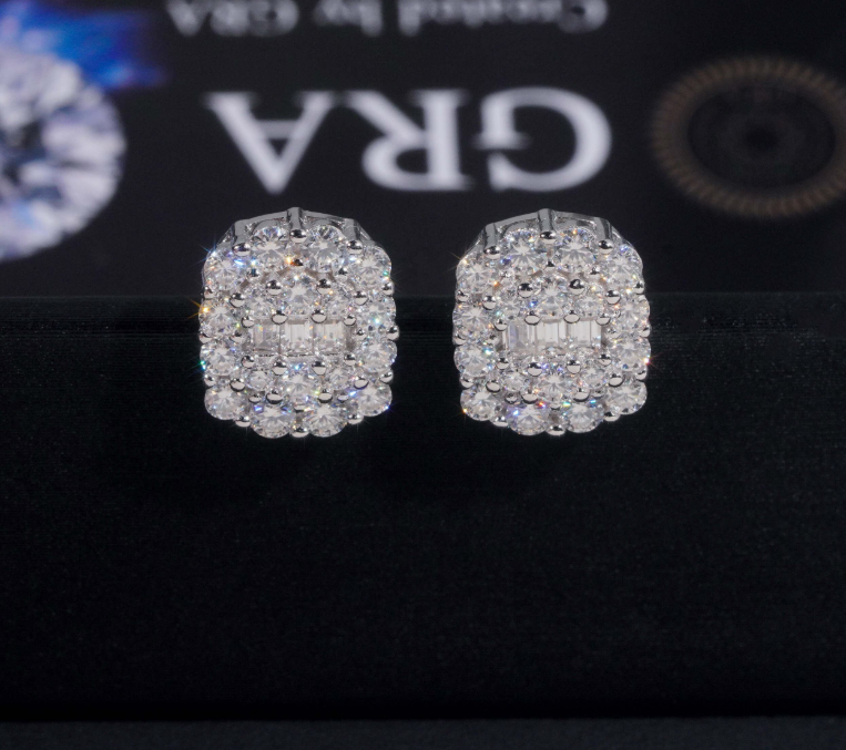 Pass Diamond Tester GRA Certified Fully Iced Out Hip Hop 925 Silver Jewelry Baguette Moissanite Stud Earrings