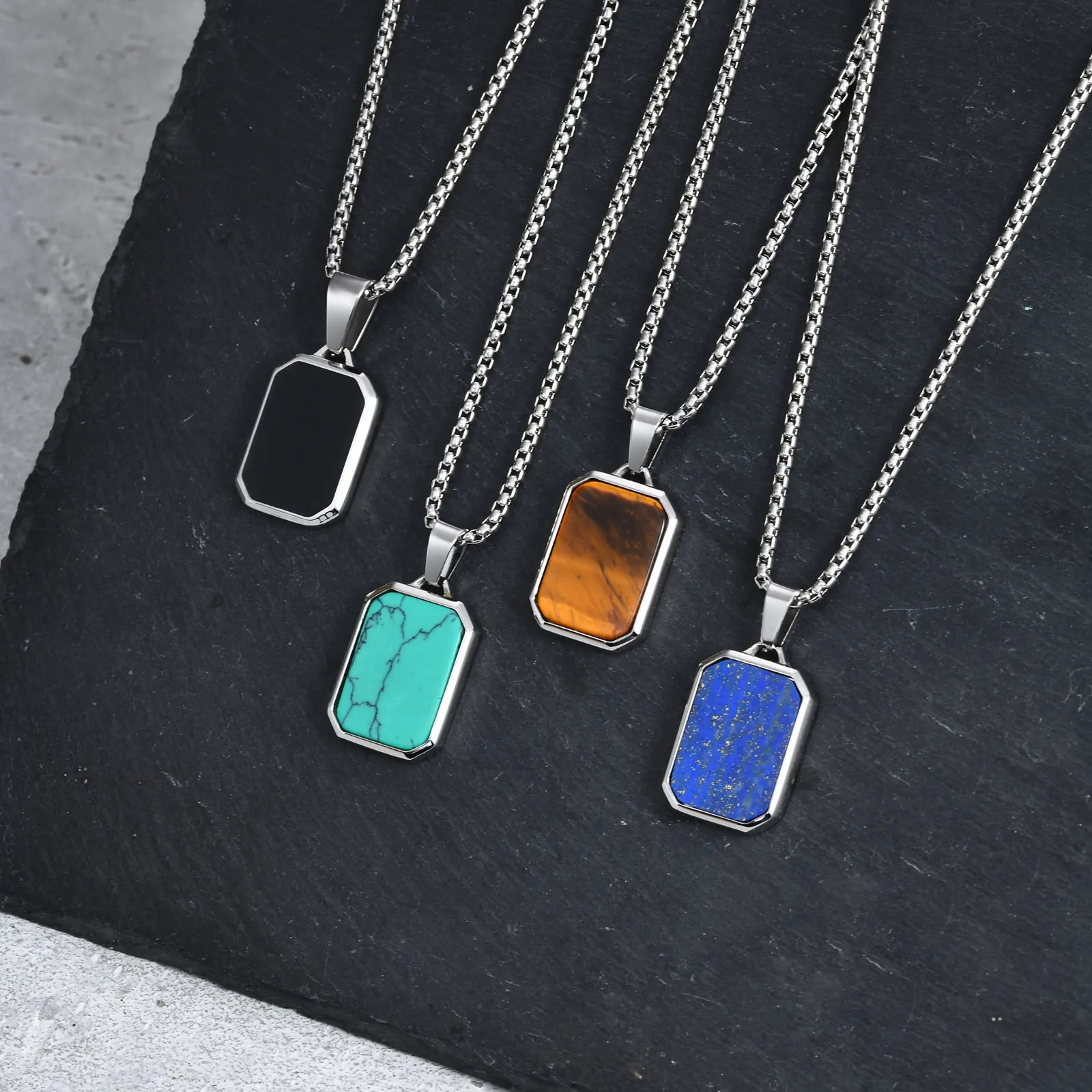 Trendy Pendant Necklaces for Men BoysSquare Natural Stone Stainless Steel Necklaces Hip Hop Cool Jewelry Gifts 250701