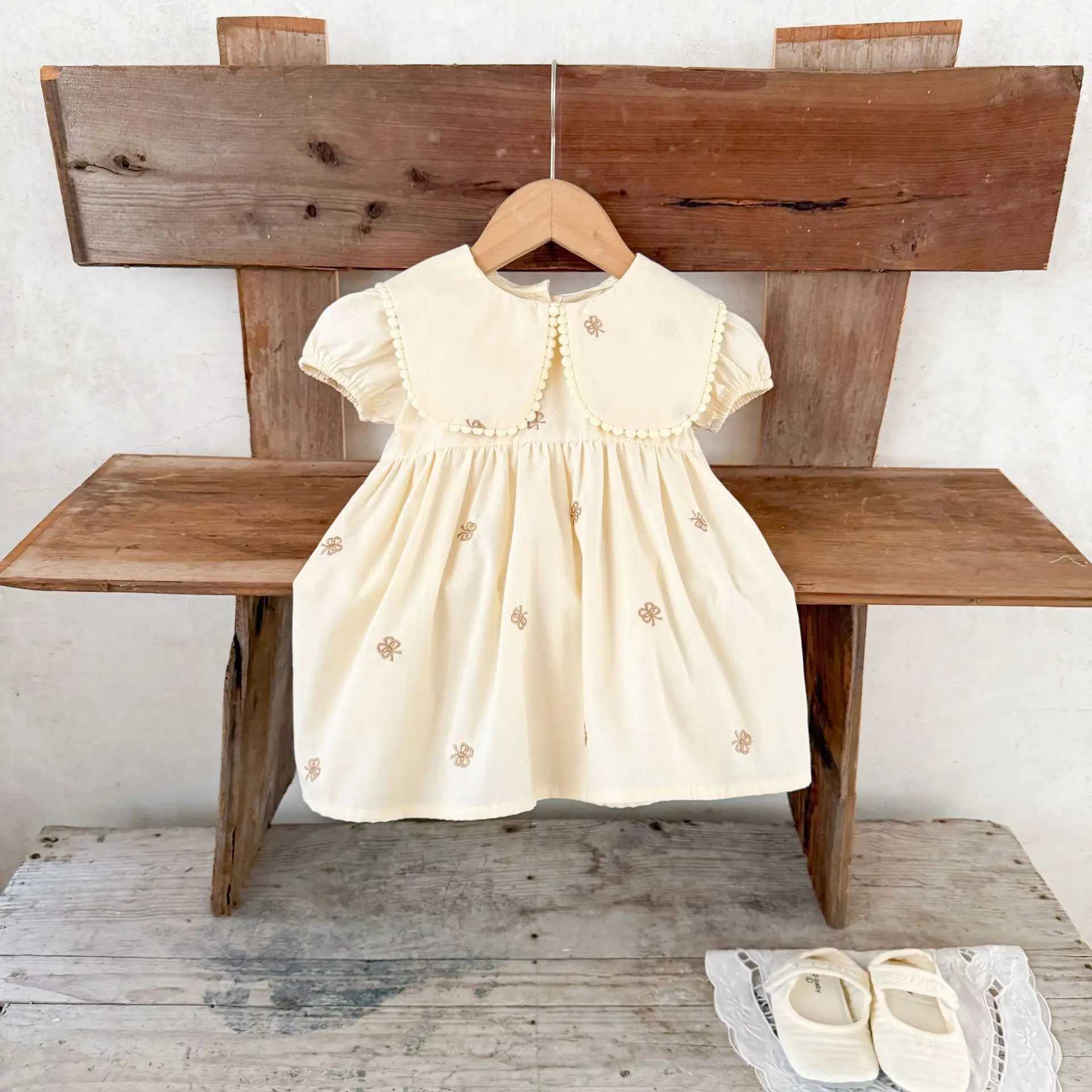 Ins Korean Version Girls Pure Cotton Embroidered Lapel Short Sleeve Dress Versatile Cute Dress for Children in Summer R250704