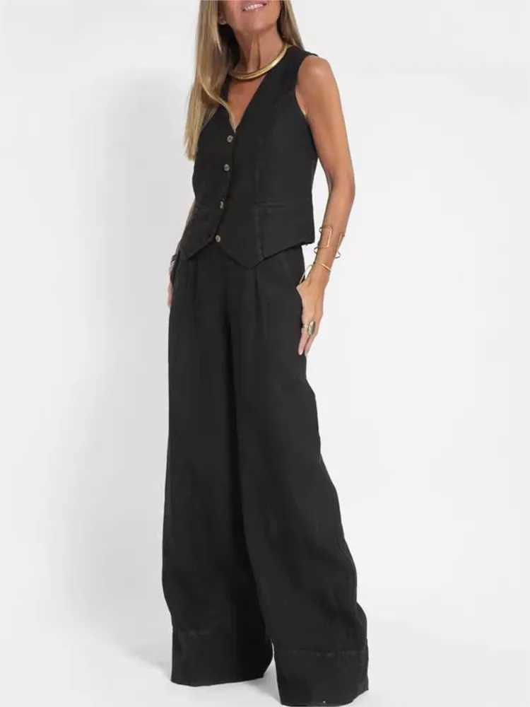 Womens Clothing 2024 Spring Summer New Fashionable Vest Pants Collage Splicing Pure Slveless Color Temperament Casual Suit X250704