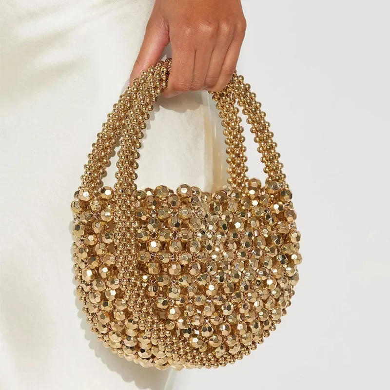 Women Handmade Woven Hand Bag Exquisite Hollow-out Beaded Bag Female Party Small Handbag 250701