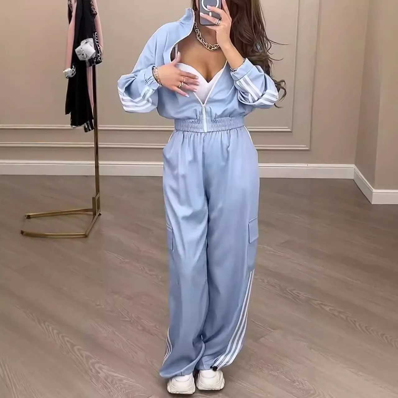 Sports Trousers Loose White Casual Womens Set Fashion Zipper High-waisted Hoodie + Wide-leg Overalls 2-piece Sweatshirt Suit X250704