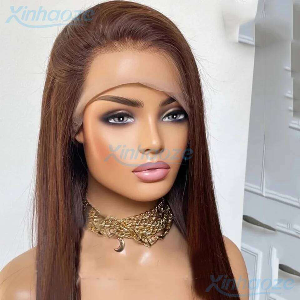 Dark Brown Chocolate Straight Glueless Full Human Hair Pre Plucked Brazilian Remy 13x4 Silk Top Lace Front Wigs