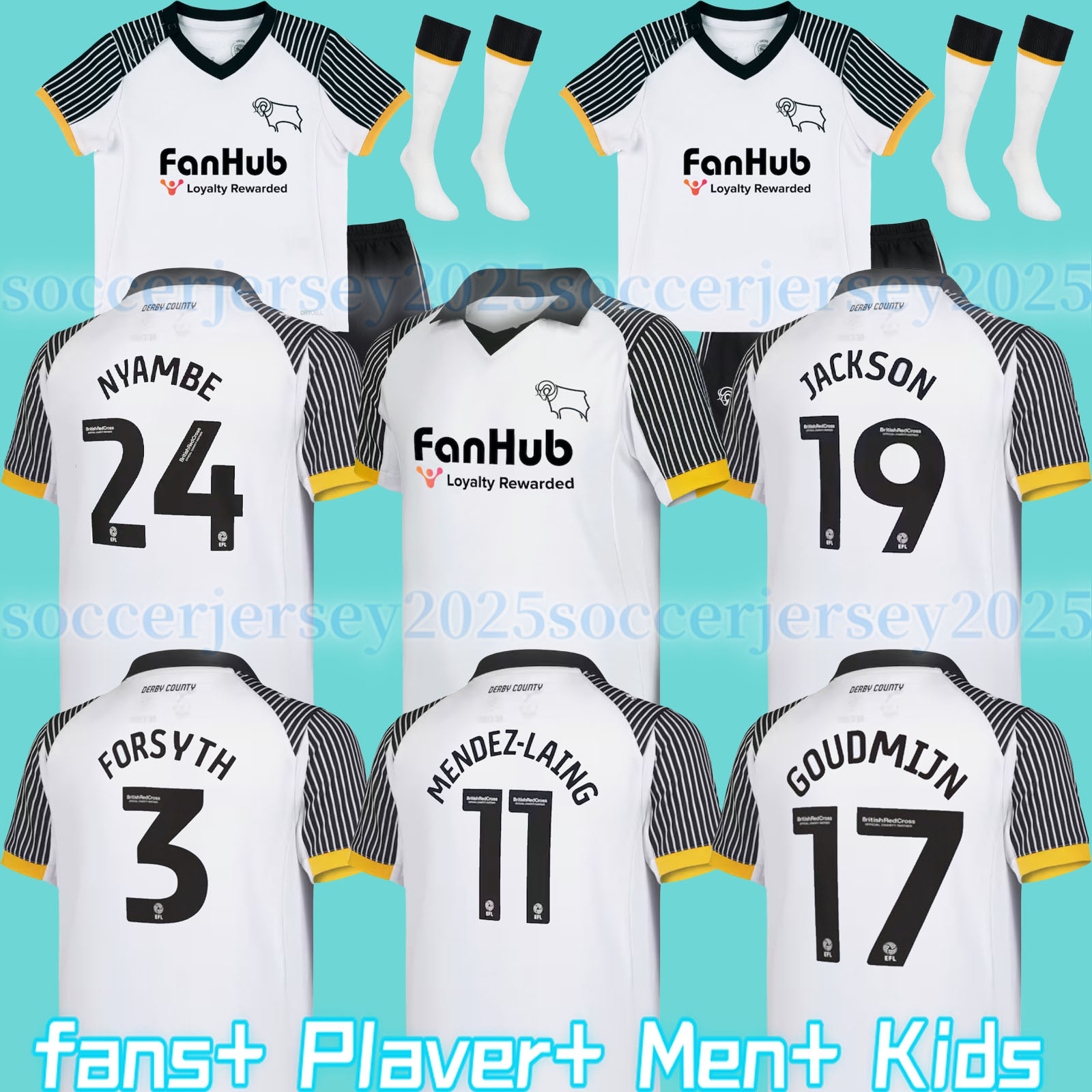 Derby 25/26 County soccer jerseys SIBLEY 17 CASHIN 6 NYAMBE 24 NELSON 35 ELDER 20 FORNAH 22 BARKHUIZEN 7 home away 2025 jersey football shirts