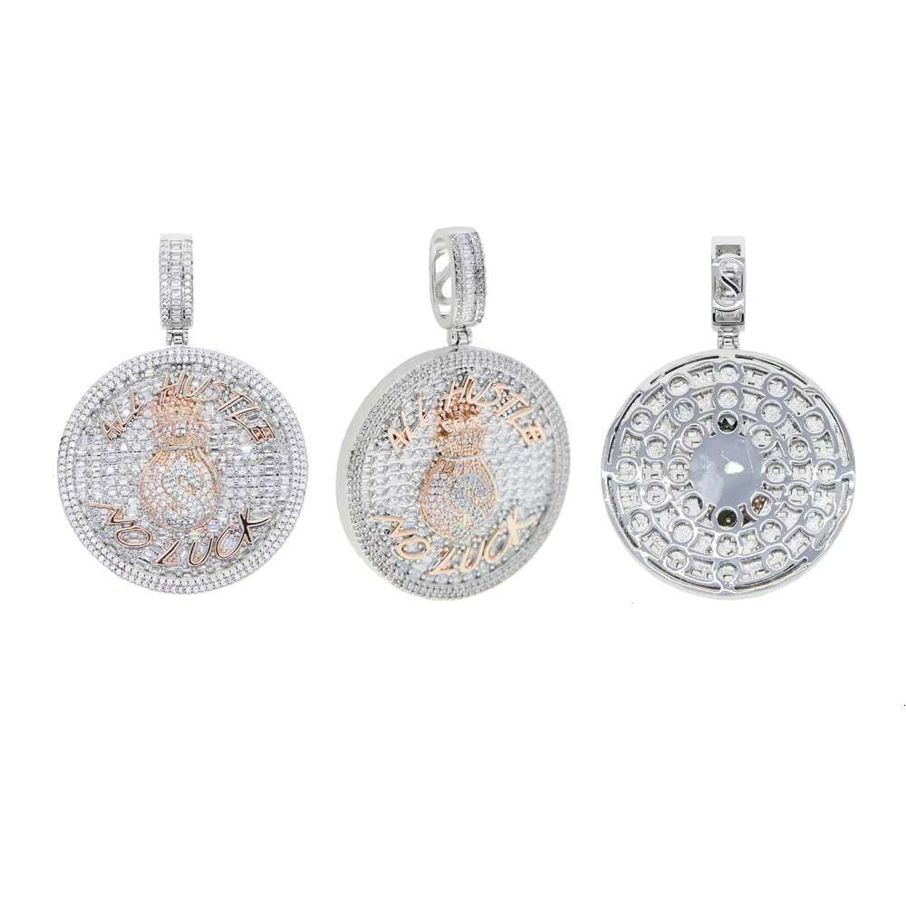 All Hustle No Luck Hip Hop Pendant Iced Out Bling Moissanite vvs1 Geometric Round Pendant Money Bag Necklace