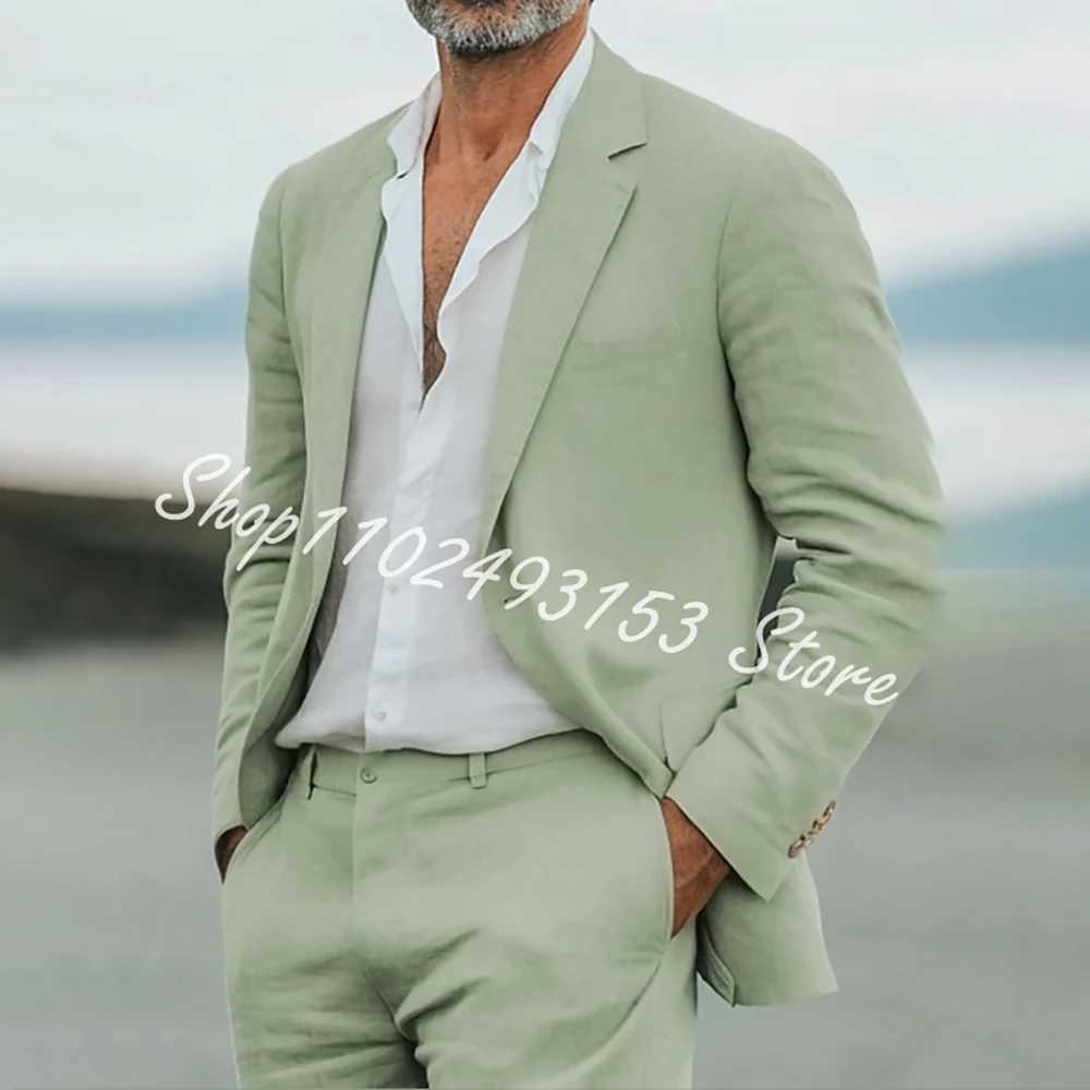 Green Linen Men Suits Notched Lapel Blazer Single Breasted Wedding Travel Summer Mens 2 Piece Suit Jacket Pants Costume Homme X250704