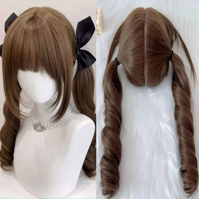 Brown Long Wavy for Women Natural Hair Synthetic Lolita Double Ponytail Roman Curly Wigs Daily Cosplay Heat Resistant