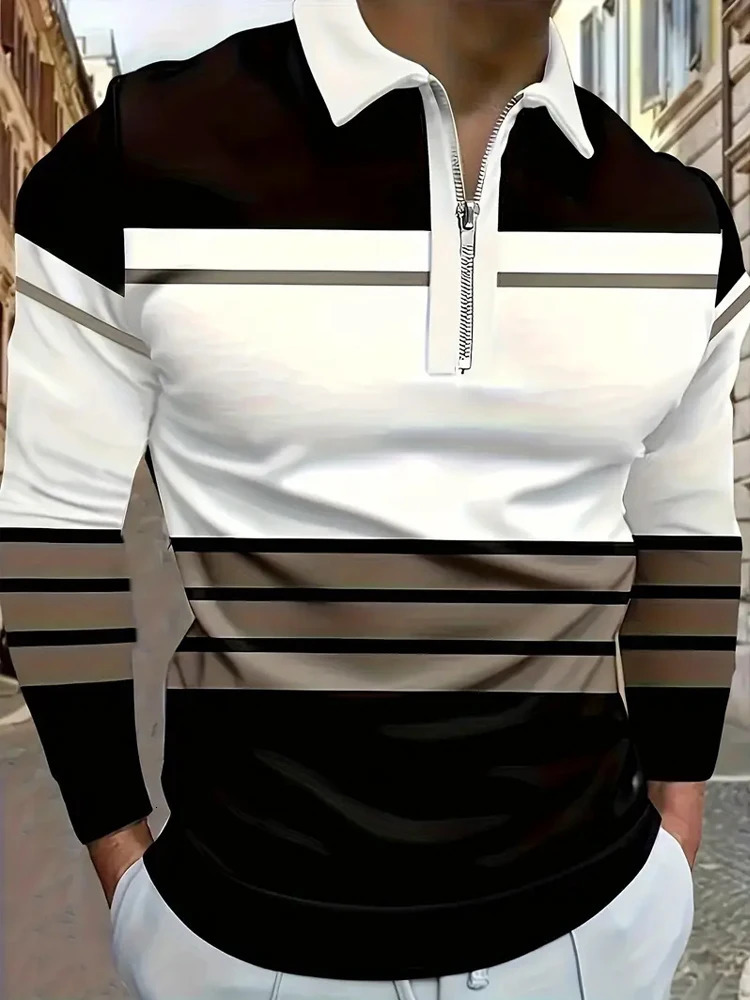 Mens Long Sleeved Polo Shirts Zipper Collar Shirt Striped Fashion Business Formal Outdoor Spring And Autumn Polo Shirt Collar 250704
