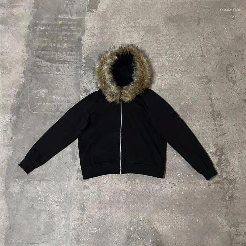 Men's Hoodies Dark Faux Fur Collar Harajuku Hiphop Zip Up Hoodie Oversized Punk Zipper Sweatshirt Retro Goth Streetwear Jacket