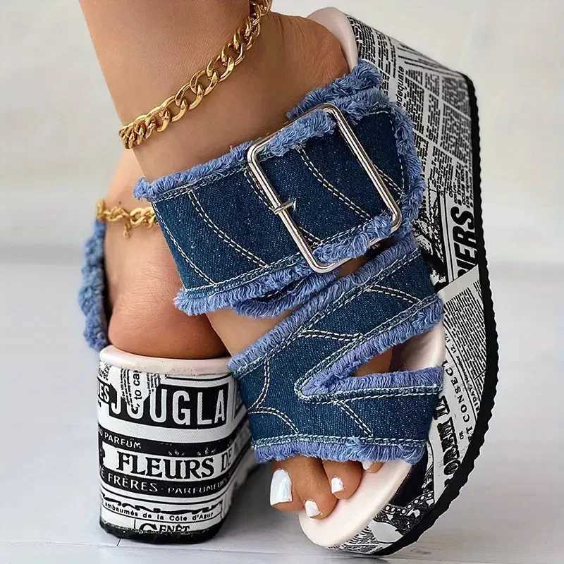 Women Denim Platform Slippers Women Casual Fashion Slippers Outdoor Wedge Sandals High Heels Shoes Summer Big Size Slides Women W250704