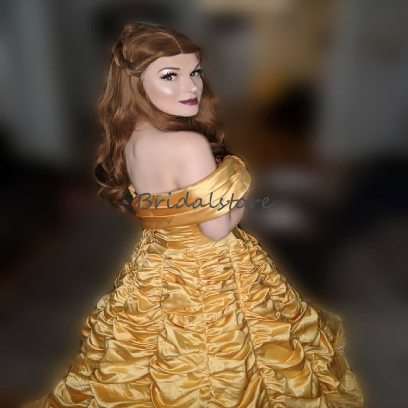 Vintage Gold Cinderalle Prom Dress Cosplay Pleated Ball Gown Costume Evening Dress With Florals Medieval Formal Party Birthday Sweet 16 Dress Vestidos