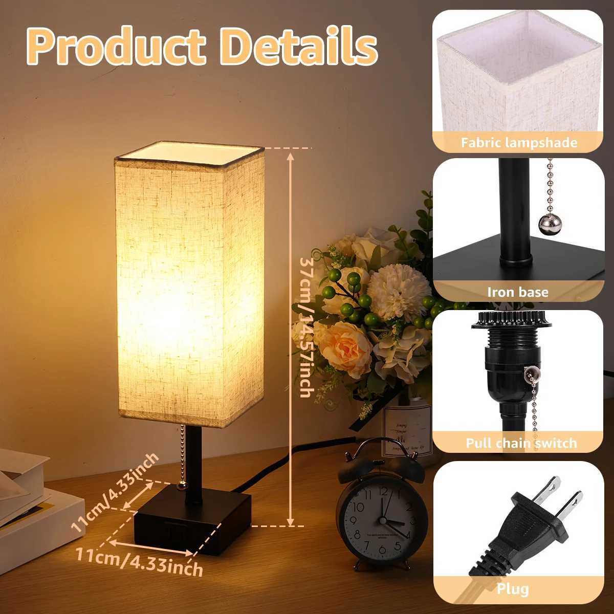 Bedside Lamp Night Lights USB Retro Nightstand Table Lamp Dimmable For Bedroom Wooden Desk Lamp with Fabric Shades Home DecorXJ250703