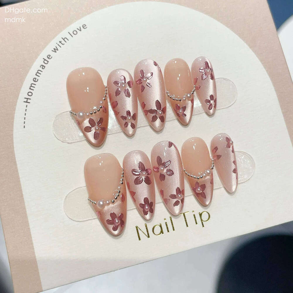 10Pcs Handmade Al Press On Flash Gradient Wear Pink Flower Design French False Nails Wearable Manicure Nail Tips X250704