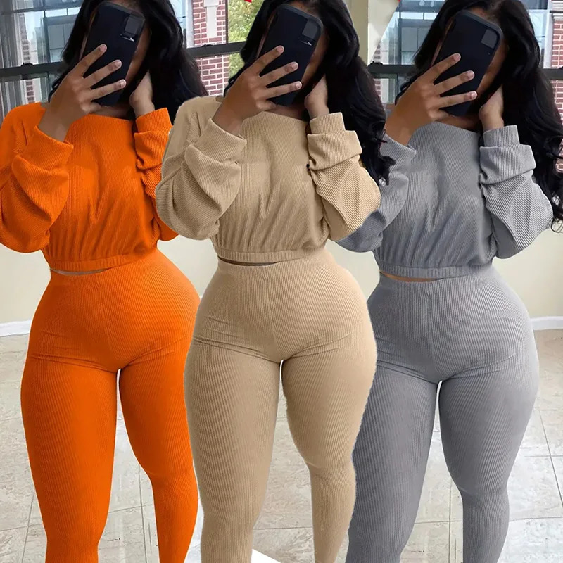 Letter Embroidery Women Two Piece Ribbed Tracksuits for Fall and Spring Long Sleeve Sweatshirt Skinny Pants Set 250704