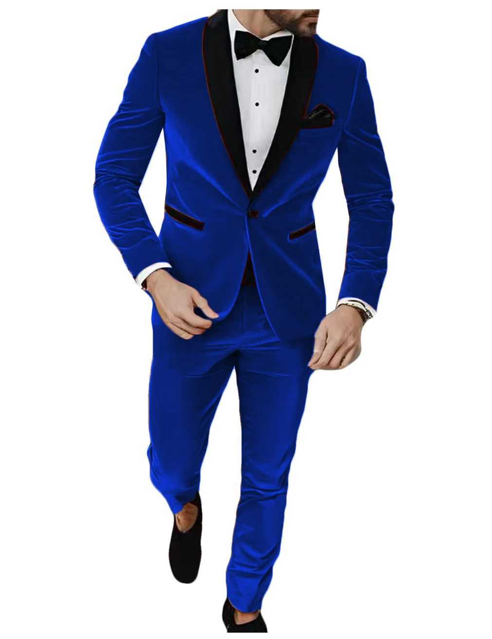 NEW Suit Korean Velvet Suits for Men 2 Pieces Blazer Pants Set Notched Lapel Mens Suit for Wedding Autumn Winter Prom Party X250704