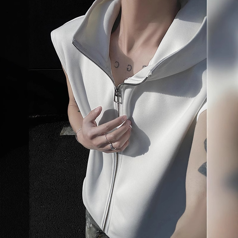 Double Zipper Designer Short Sleeves High-end Design V-neck Solid Color Hooded Men's Slogan Vest Summer Unisex Youthful Trendy Jacket