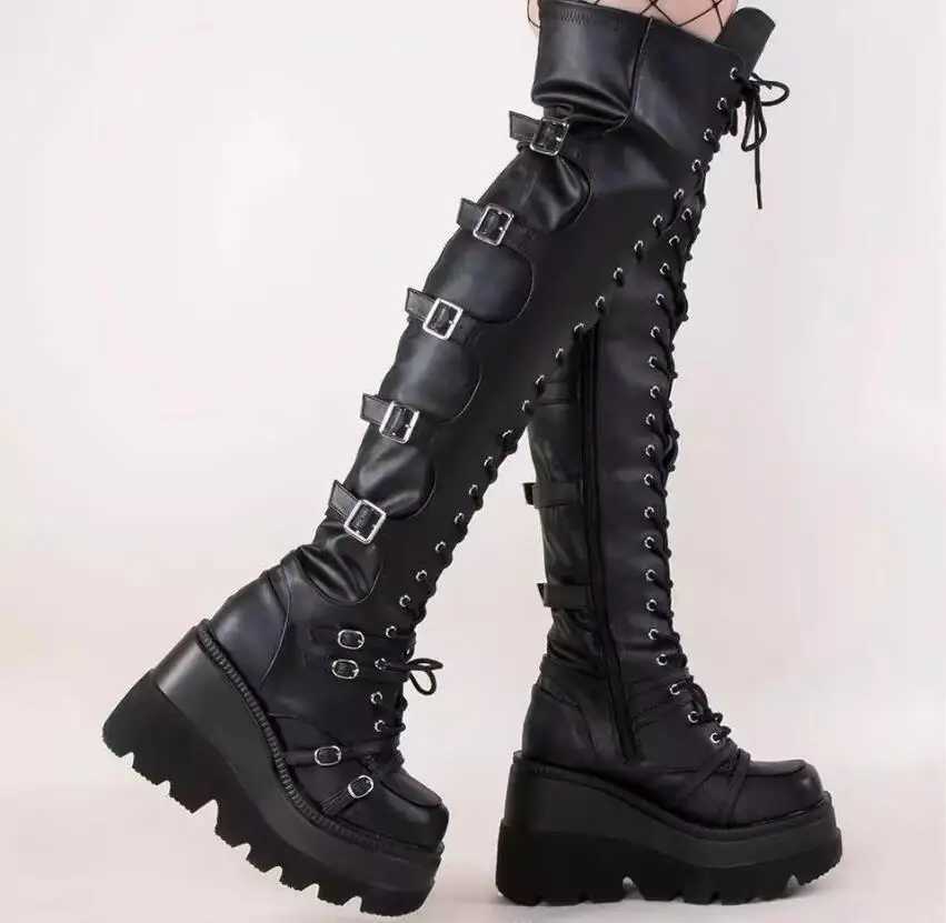 Fashion High Boots Women Platform Wedges Motorcycle Boot Over The Knee Army Stripper Heels Black Lace-up Belt Long Boots Z250704