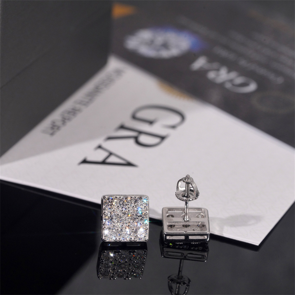 New Design Hip Hop GRA Certificate 925 Sterling Silver Square VVS Moissanite Diamond Stud Earrings