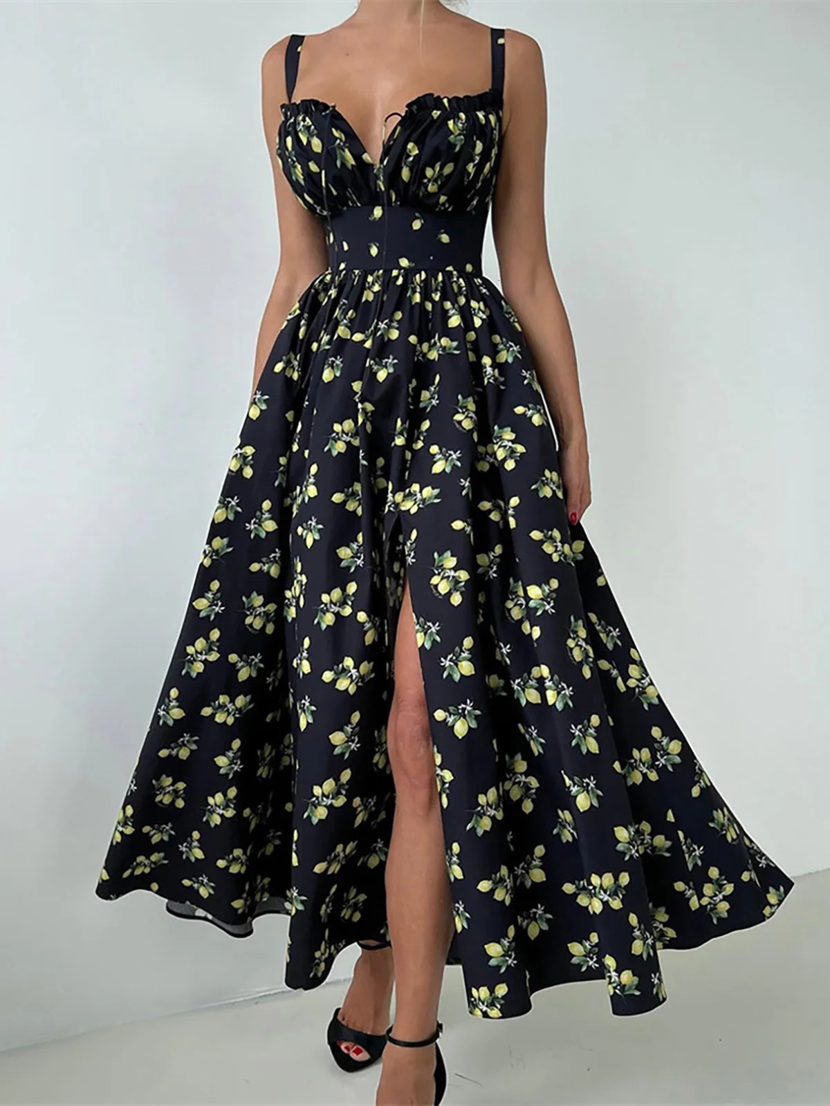 Lemon Printed V Neck Summer Dress Evening Party Bodycon Elegant Long For Women Tight Sleeveless Womens D555 250704