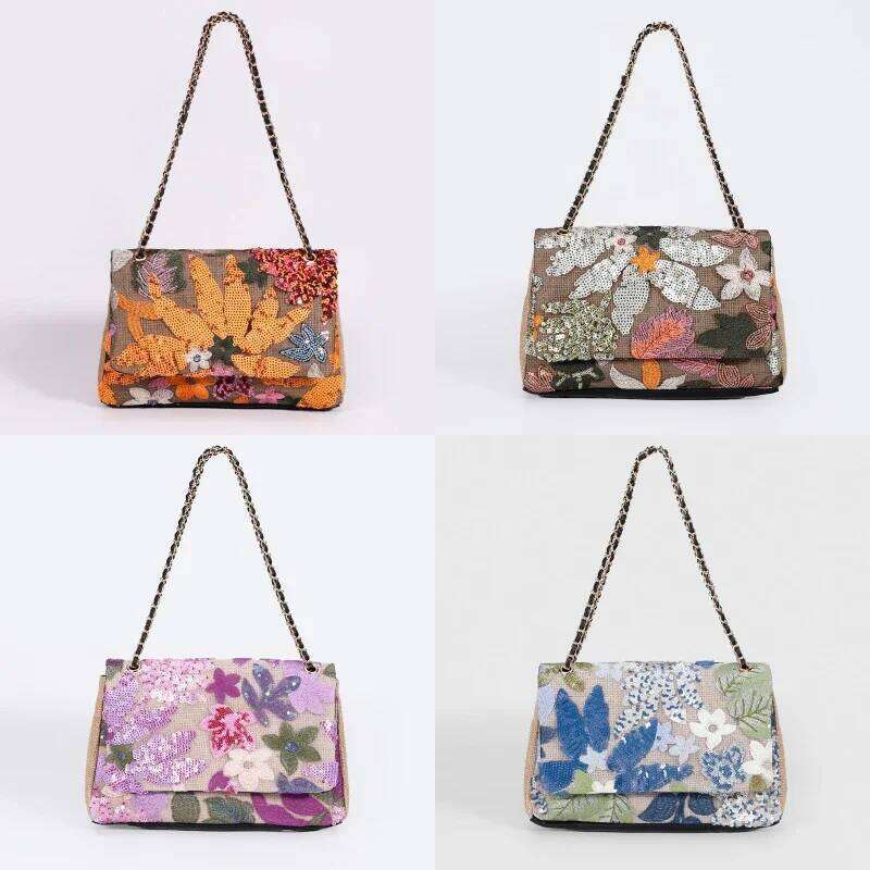Handmade Embroidered Sequin Underarm Shoulder Bag,Summer Floral Niche Designer Hemp Woven Flap Bag,Exquisite Gorgeous Handbag