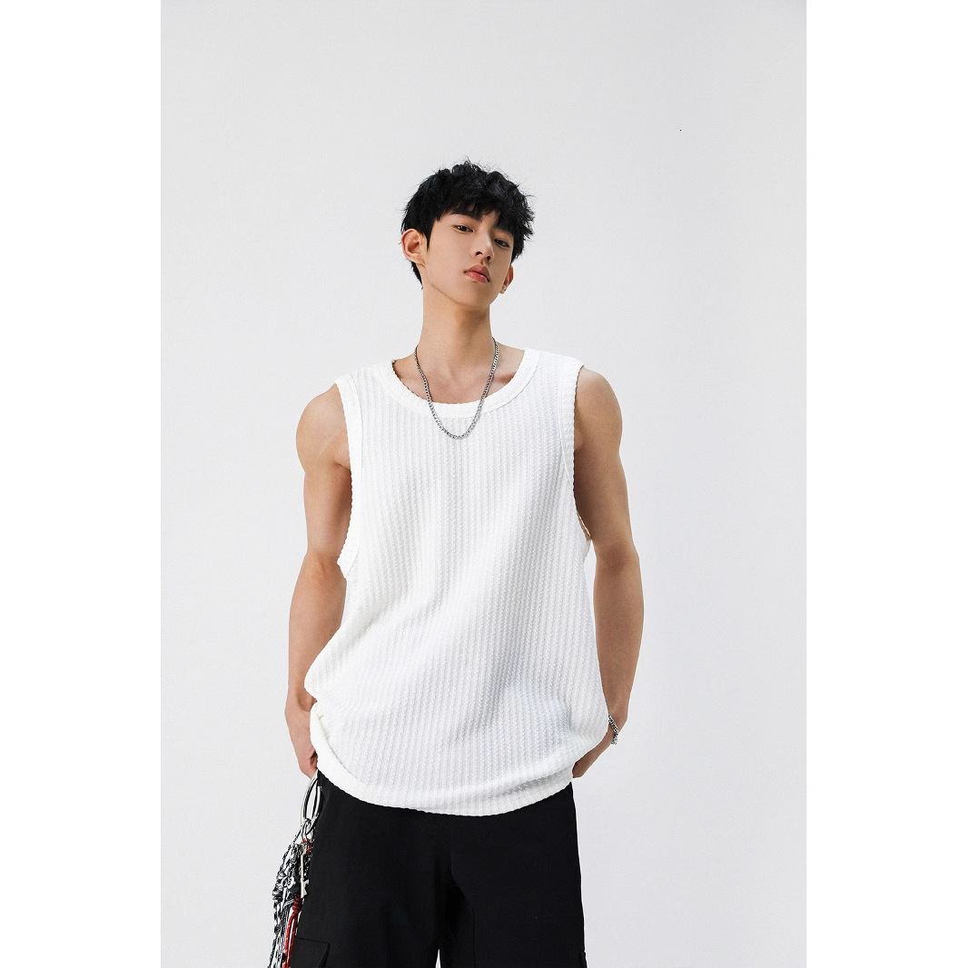 Textured White Tank Designer Short Sleeves Top For Men 2025 Summer New Simple Trendy Cross-shoulder Loose Casual Sleeveless T-shirt