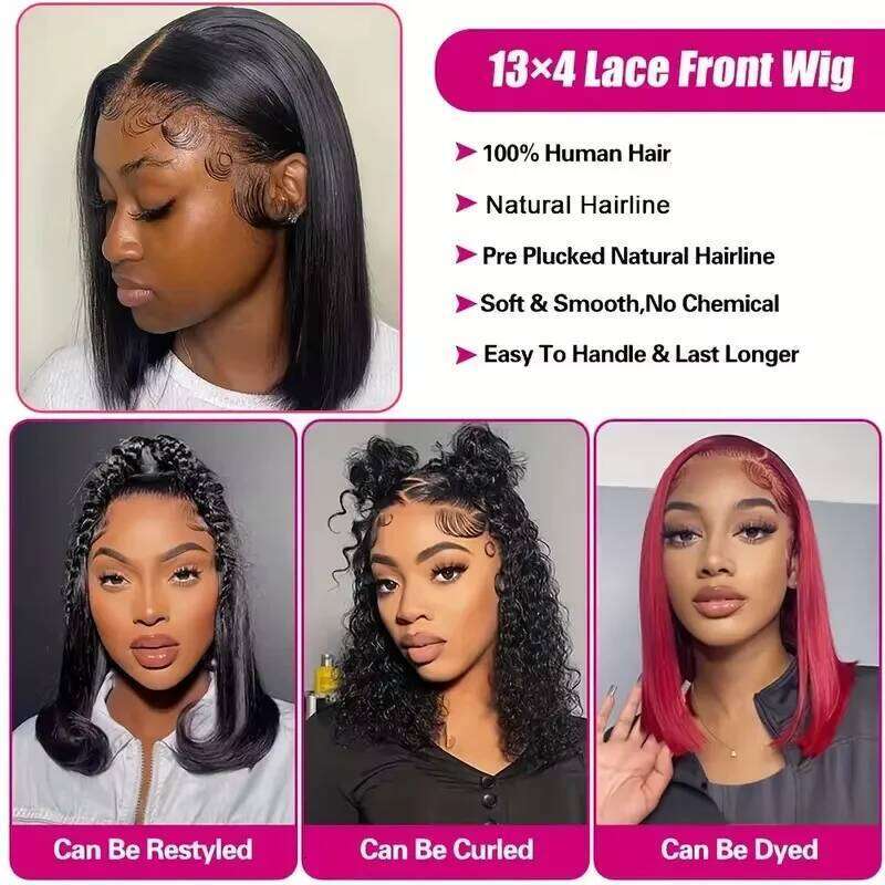 Short Straight Human Hair 13x4 Bob Front Wigs 180% Densit 12 Inch Brazilian 4x4 Closure Lace Frontal Wig For Women
