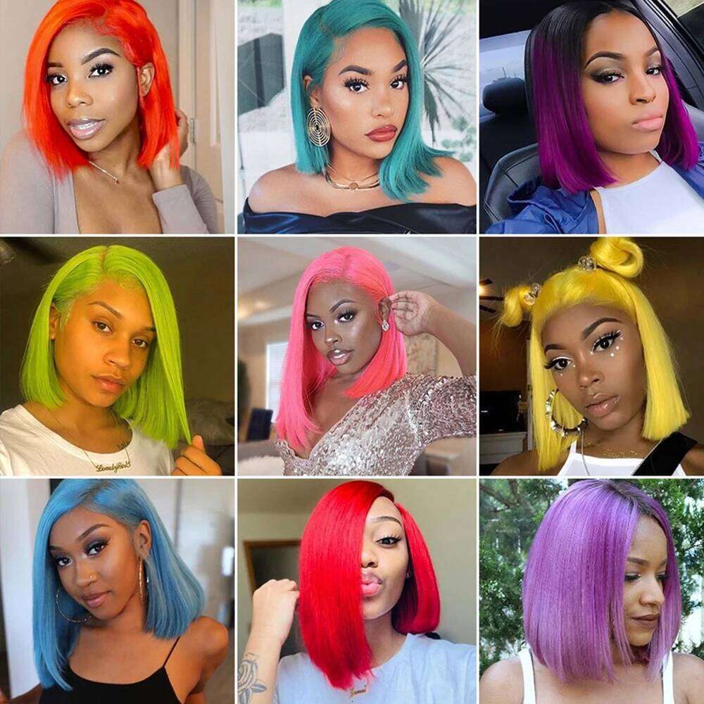 Dark Green HD Frontal Short Bob 13x4 Colored Pink Grey Straight Wig Human Hair Lace Front Wigs