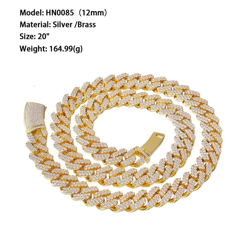 Hip Hop 12mm Iced White Gold Mens Miami Gold Sterling Silver Curb Cuban Link Prong Chain