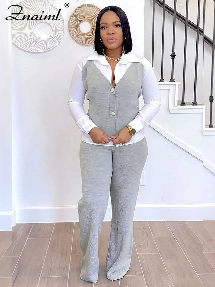 Znaiml Elegant Office Womens Long Slve Patchwork Vest Shirt and Straight Pants Two 2 Piece Sets Work Suits Matching Outfits X250704