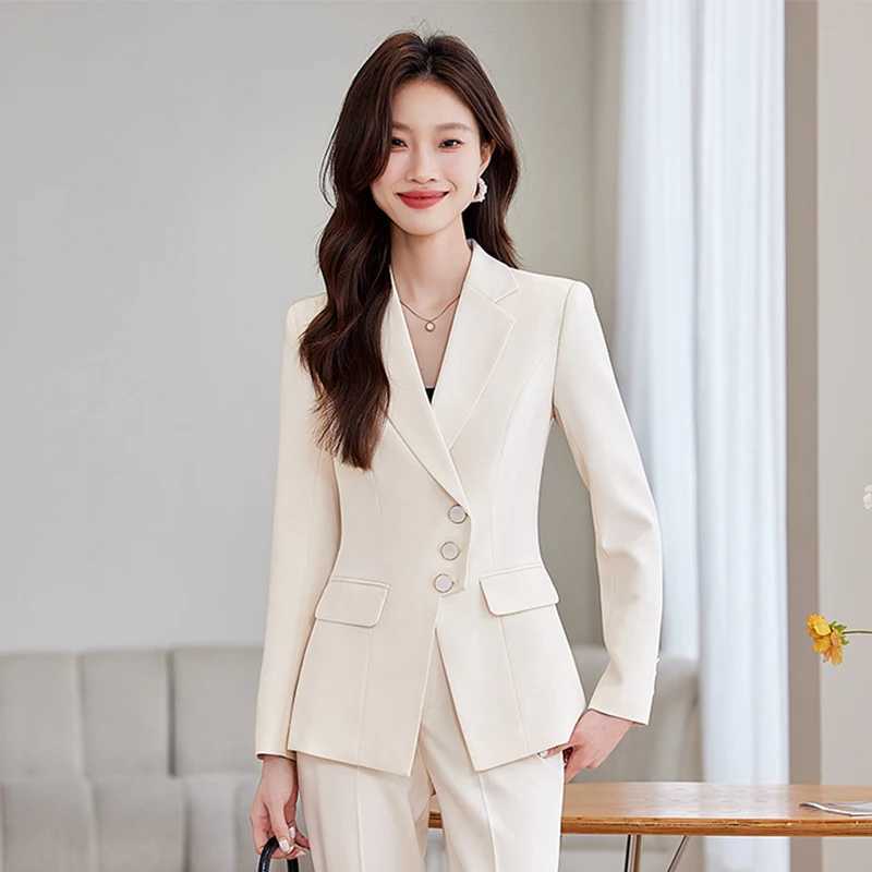 ZJYT Elegant White Blue Women Pant Suit Office Ladies Female Business Work Wear 2 Piece Set Formal Blazer Jacket and Trouser Set X250704